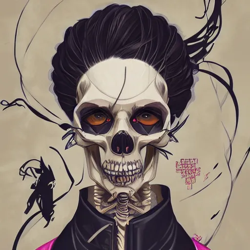 Prompt: anime manga skull portrait young woman skeleton, horse, painterly, logo, graffiti, elegant, highly detailed, digital art, art by jc leyendecker and sachin teng