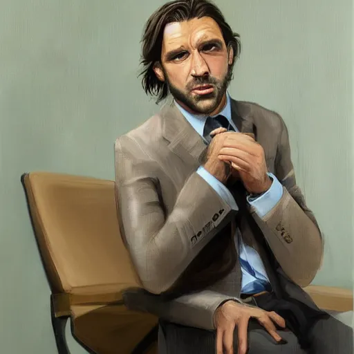 Image similar to handsome man of 3 9 years old, green eyes, light brown, good looking, wide round nose, mid long hair, in an office by david rutkowski, by artgem