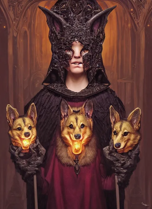 Prompt: inside covens den, diffuse lighting, corgi portrait hyper ornate wiccan masks, hdrp render, intricate wiccan facial detailing, highly detailed, lifelike, photorealistic, digital painting, artstation, unreal 5, smooth, sharp focus, art by john collier, albert aublet, krenz cushart