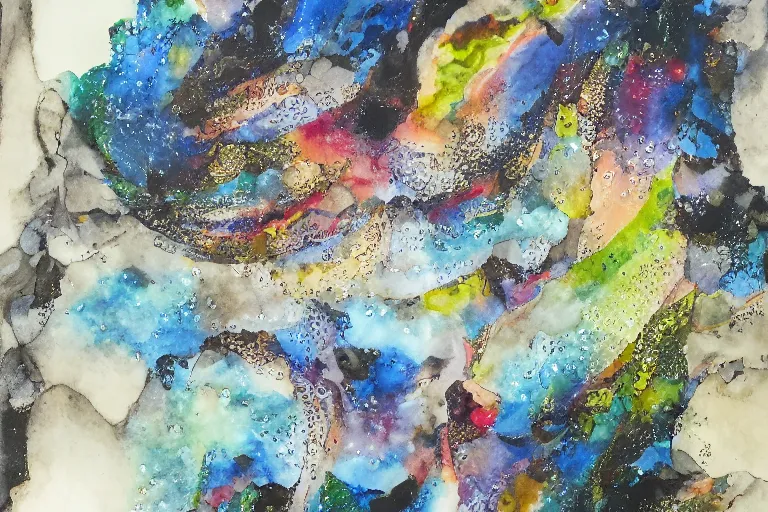 Prompt: an elaborate and dense painting of the future, made of alcohol ink on parchment