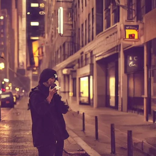 Image similar to digital art of a ghost smoking a cigarette on NYC sidewalk, city lights, trending on artstation, 8k, 4k, volumetric lighting, smooth sharp focus, lighthearted, cinematic composition, hd