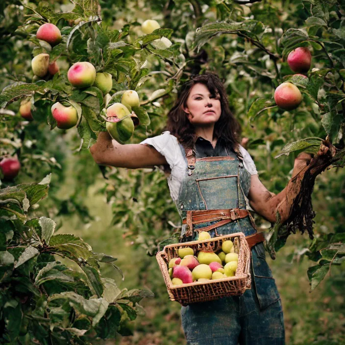 Image similar to a closeup portrait of a woman wearing a muddy iridescent holographic lederhosen, picking apples from a tree in an orchard, foggy, moody, photograph, by vincent desiderio, canon eos c 3 0 0, ƒ 1. 8, 3 5 mm, 8 k, medium - format print