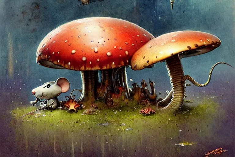 Image similar to adventurer ( ( ( ( ( 1 9 5 0 s retro future robot mouse amphibious vehical home. muted colors. swamp mushrooms ) ) ) ) ) by jean baptiste monge!!!!!!!!!!!!!!!!!!!!!!!!! chrome red