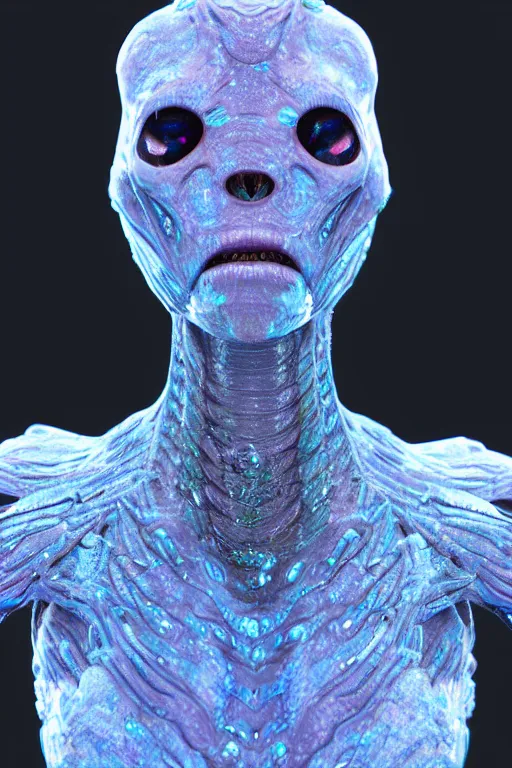 Image similar to skin concept alien, in full growth, mineral crystals instead of skin, magical crystals, smoky crystals, translucent crystals, luminous sparkling crystals, many details, 3 d, cinematic, hyper realism, high detail, octane render