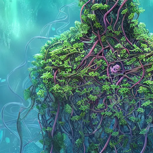 Prompt: A gigantic chest covered in vines underwater, Trending on Artstation,Digital art.