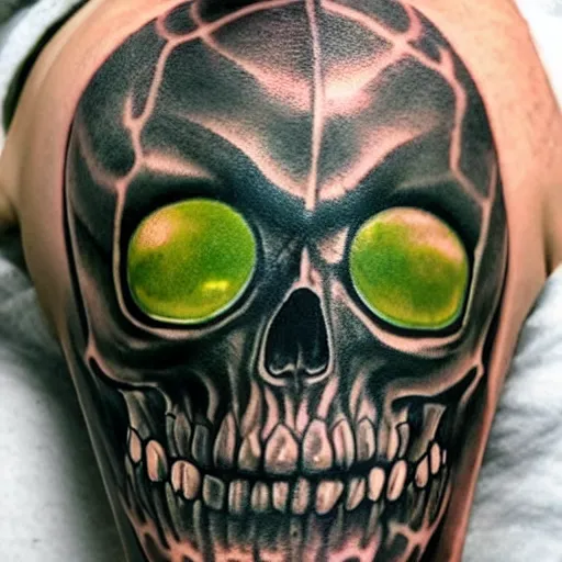 Image similar to dark tattoo, snake wrapping its body around skull, toxic acid green dark colors