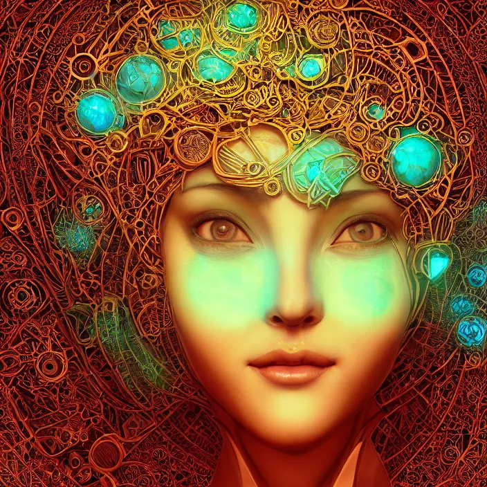 Prompt: beautiful smiling symmetrical face portrait android woman time machine axonometric mechanical fantasy intricate elegant highly detailed in volumetric void of latent space, lush flowers intricate jewellery, realm of the gods golden turquoise steampunk, axonometric high contrast cinematic light, mystical shadows, digital painting, sharp focus, octane render, photographic, concept art, artist leonardo davinci, unreal engine 8 k