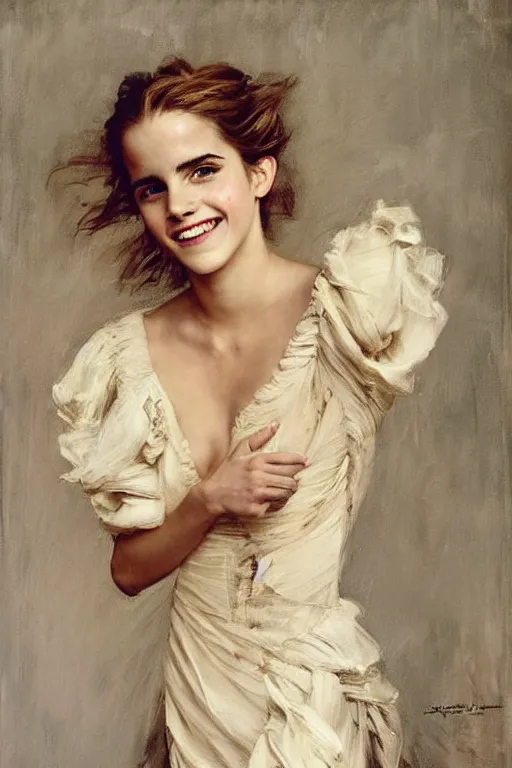 Prompt: emma watson smiling laughing alexander mcqueen gathered faille v - neck mini dress smiling detailed portrait painting by gaston bussiere craig mullins j. c. leyendecker photograph by richard avedon peter lindbergh