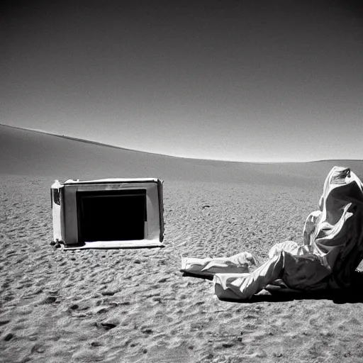 Prompt: a man wearing a hazmat suit, curled up in a fridge, in the desert, arriflex 35, film still