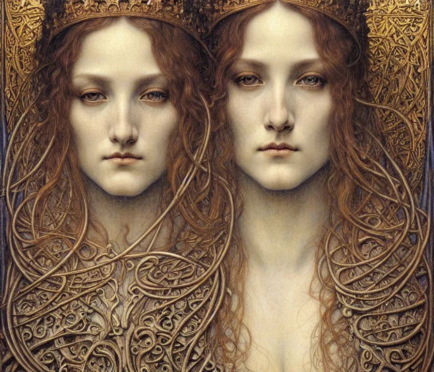 Image similar to detailed realistic beautiful young medieval queen face portrait by jean delville, gustave dore and marco mazzoni, art nouveau, symbolist, visionary, gothic, pre - raphaelite. horizontal symmetry