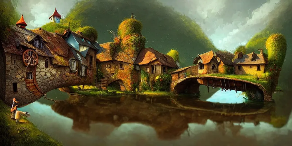 Prompt: amazing detailed village with a river, water, reflection, stone bridge, art by Yohann Schepacz, art by Gediminas Pranckevicius, art by Esao Andrews