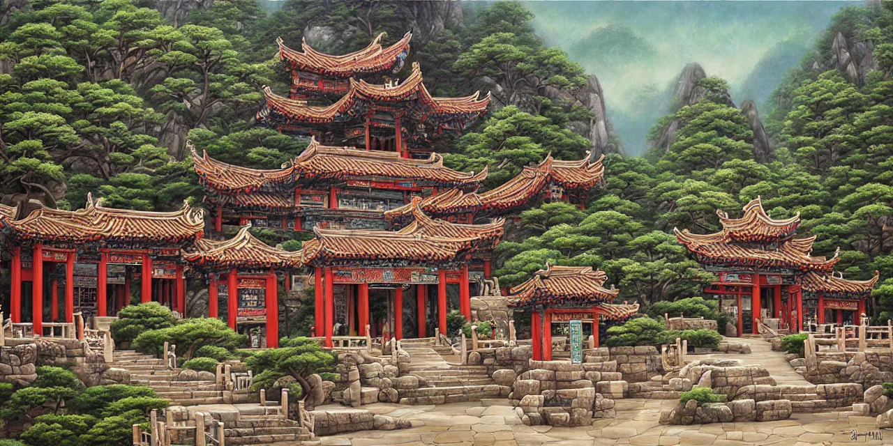 Image similar to the taoist temples of huangshan, landscape painting by pam neilands