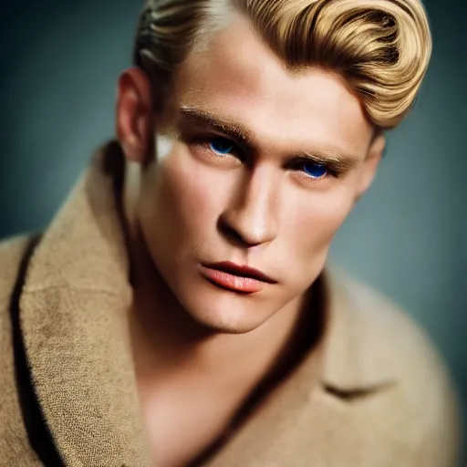 Prompt: a close - up photography of a blond male! actor from the 1 9 3 0 s. high cheekbones. good bone structure. dressed in 1 9 4 0 s style. butterfly lightning. key light sculpting the cheekbones. old hollywood glamour.