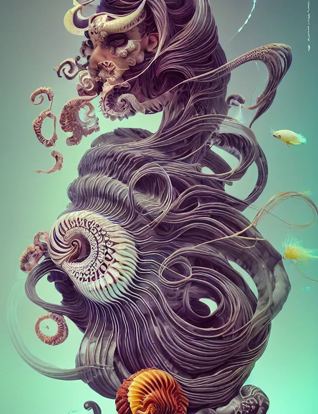 Image similar to 3 d goddess nautilus half - turn portrait with long hair with ram skull. beautiful intricately detailed japanese crow kitsune mask and clasical japanese kimono. betta fish, jellyfish phoenix, bio luminescent, plasma, ice, water, wind, creature, artwork by tooth wu and wlop and beeple and greg rutkowski