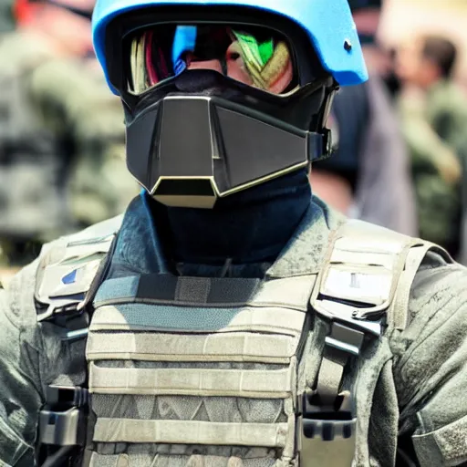 Image similar to a futuristic soldier captain with a ballistic visor and a blue shoulderpad