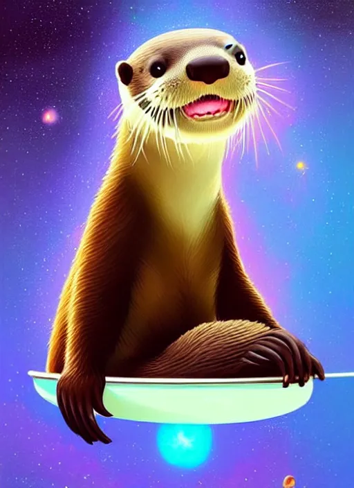 Prompt: a portrait of a cute otter with a space helmet, swimming through a beautiful galaxy!!!, detailed, artstation, art by rhads and miyazaki