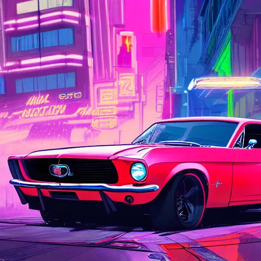 Prompt: a detailed render of a neon colored batmobile in a 1 9 6 7 ford mustang fastback, vector art, art by artgerm and greg rutkowski and alphonse mucha, cyberpunk city, rainy city streets, god rays, intricate detail, cinematic, 8 k, cel shaded, unreal engine, featured on artstation, pixiv