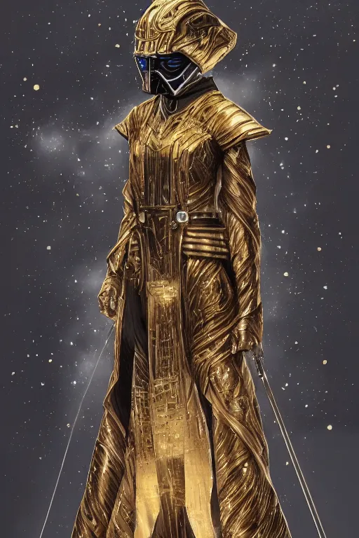 Image similar to Photorealistic illustration of Korean fashion model in Star Wars sith black and gold robes, sci-fi, futuristic, intricate, elegant, highly detailed, digital painting, artstation, concept art, smooth, sharp focus, art by artgerm, greg rutkowski