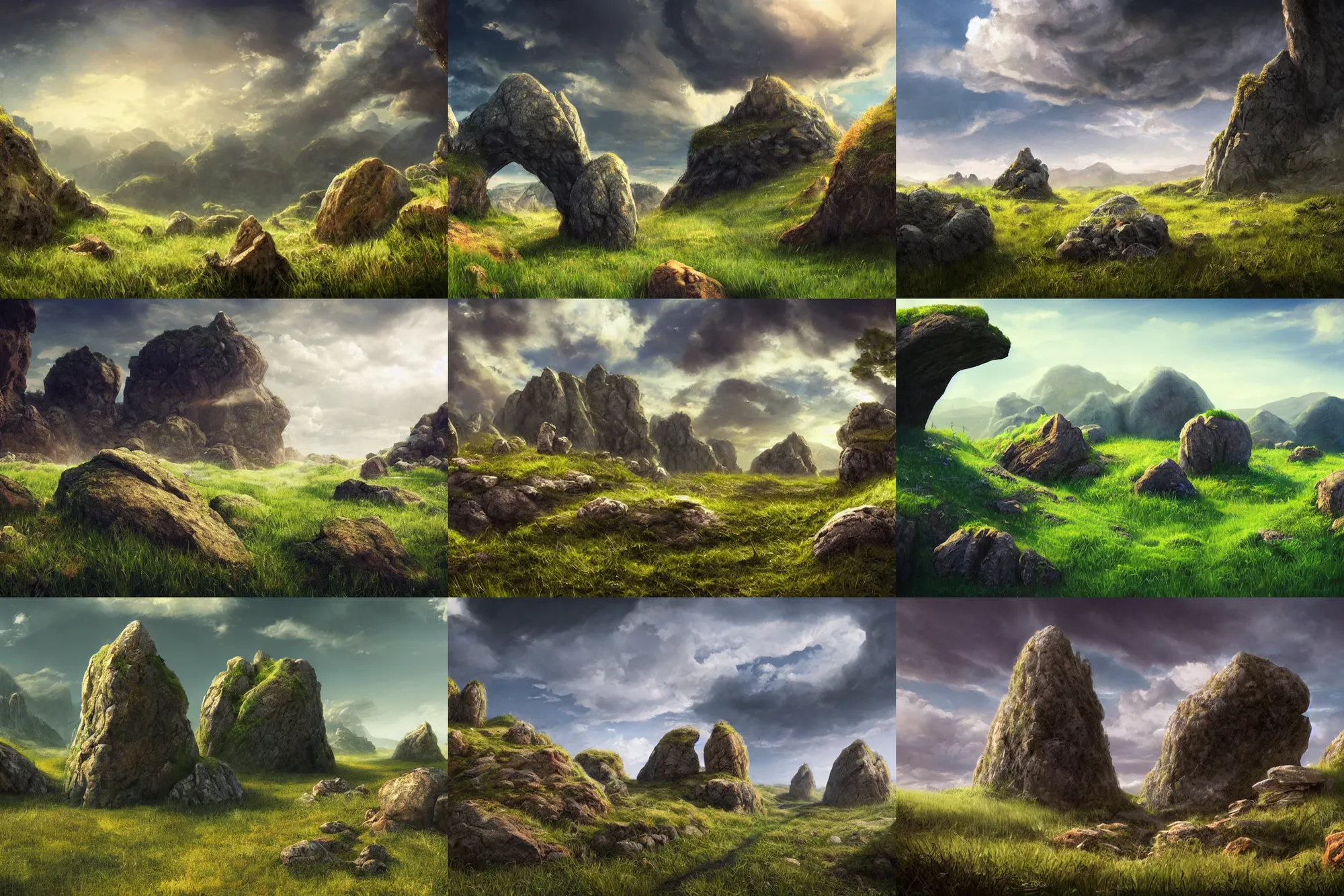 Prompt: landscape, a giant hole in the ground, photorealistic cinematic concept art, overgrown stones and grass fields bright day, fantasy, giant rocks, rocky hills, clouds