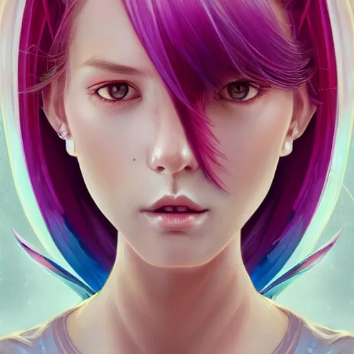 Image similar to portrait of beautiful symmetrical anime girl, rainbow hair, attractive, casual, modern, victoria's secret, highly detailed, digital painting, artstation, concept art, smooth, sharp focus, illustration, art by artgerm, greg rutkowski and alphonse mucha, 8 k,