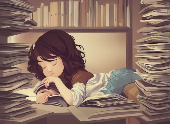 Image similar to a little girl with short wavy curly light brown hair is asleep in pile of books. clean cel shaded vector art. shutterstock. behance hd by lois van baarle, artgerm, helen huang, by makoto shinkai and ilya kuvshinov, rossdraws, illustration, art by ilya kuvshinov