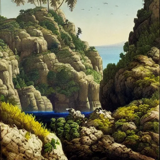 Image similar to painting of a lush natural scene on an alien planet by rafaello ossola. beautiful landscape. weird vegetation. cliffs and water.