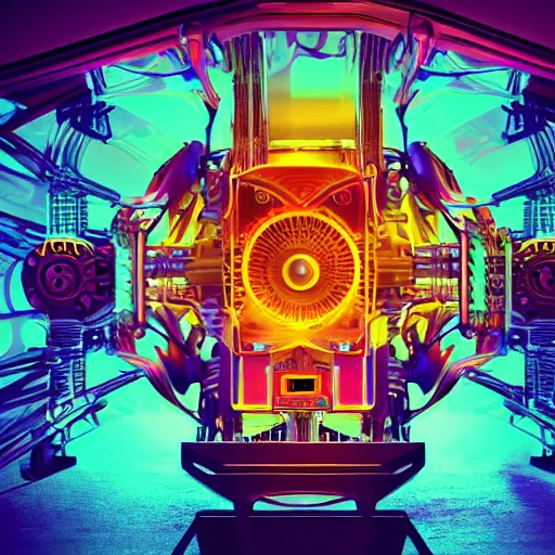 Image similar to album art, album is called tripmachine, photo of a huge futuristic dieselpunk engine inside a machinery, 8 k, fluorescent colors, halluzinogenic, multicolored, exaggerated detailed, front shot, 3 d render, octane