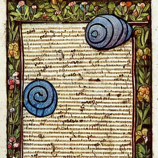 Image similar to medieval manuscript, snails, gothic text, floral border, colorful, ink,