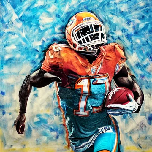 Image similar to portrait of tyreek hill, determined, great detail, looking to the sky, superbowl, miami dolphins