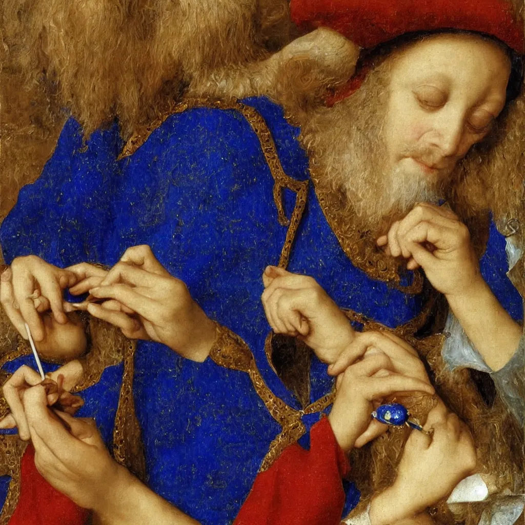 Prompt: close up of the artist face painting a miniature, lapis - lazuli. painting by jan van eyck