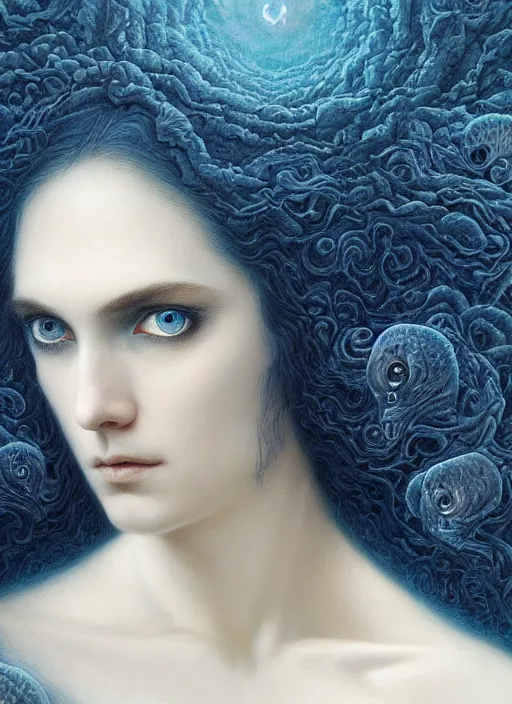 Prompt: Her huge ominous glowing blue eyes staring into my soul , perfect eyes, soft pale white skin, intricate stunning highly detailed, agostino arrivabene, artgerm, twisted dark lucid dream, 8k portrait render, raven angel wings, swirling thick smoke , beautiful lighting, dark fantasy art, cgsociety