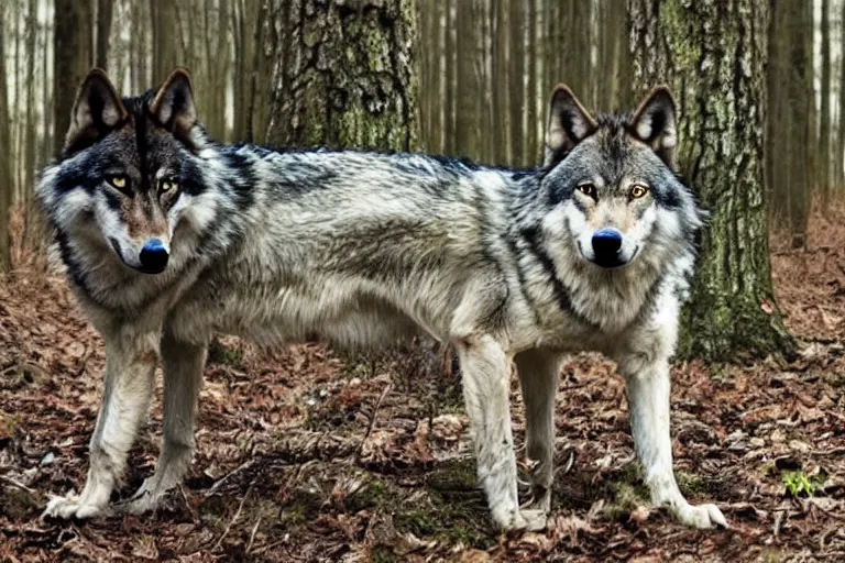 Image similar to hybrid consisting of a human and wolf, mostly wolf, photograph captured in the woods