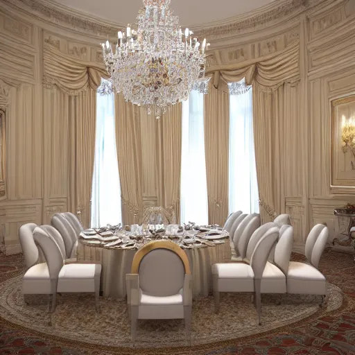 Prompt: extremly detailed luxurious white house interior with champagne on the table, 8 k, octane render, ray traced, global illumination, ultra detailed, photorealistic