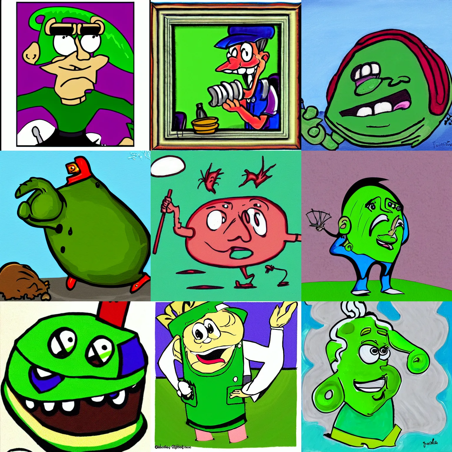 Prompt: cartoon painting of a stinky green patty