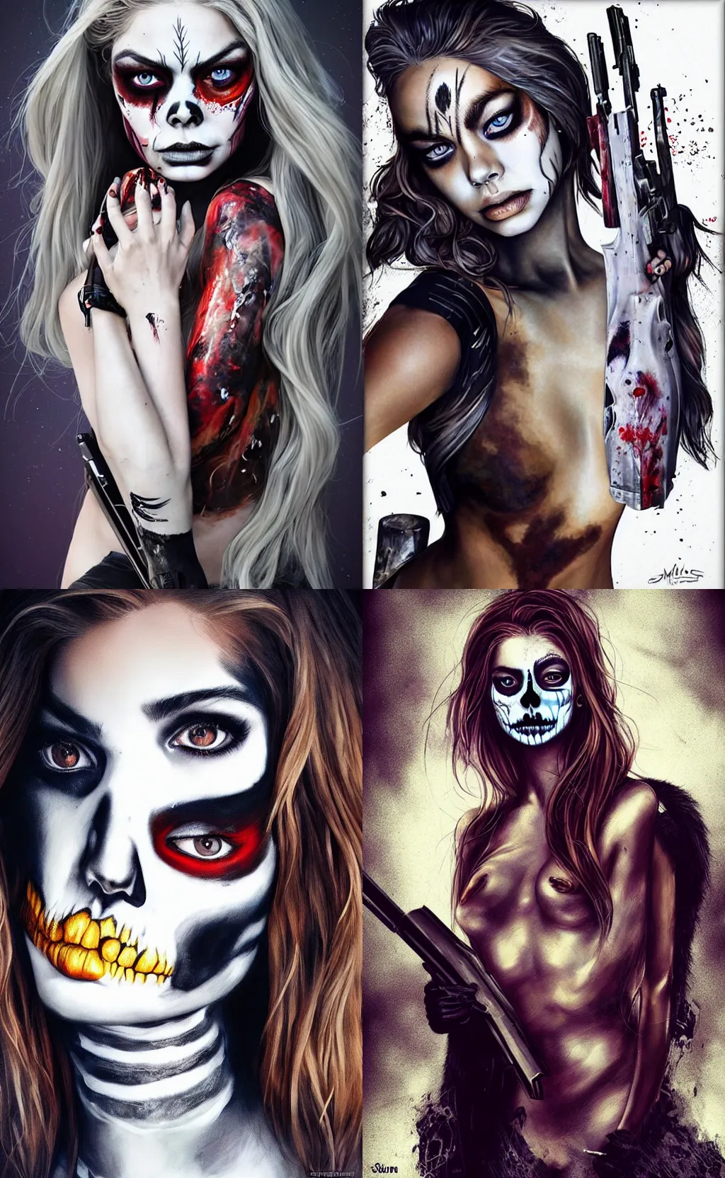 Image similar to in the style of artgerm, Samara Weaving with skull paint on her face, full body, holding a shotgun
