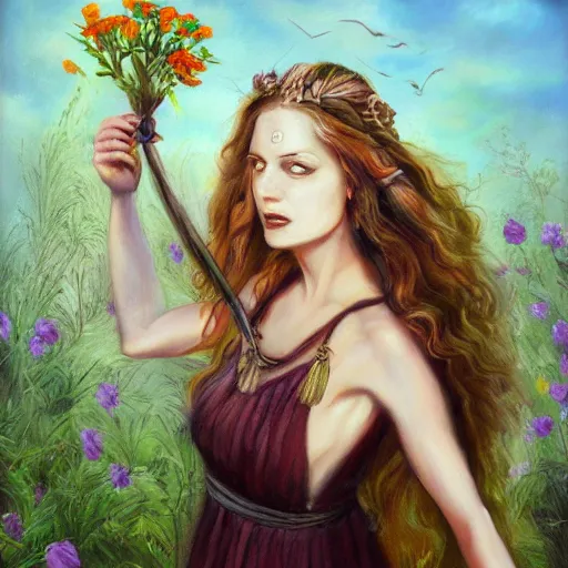 Image similar to a beautiful oil painting of Circe the witch picking up flowers, detailled, HD, realistic, beautiful eyes