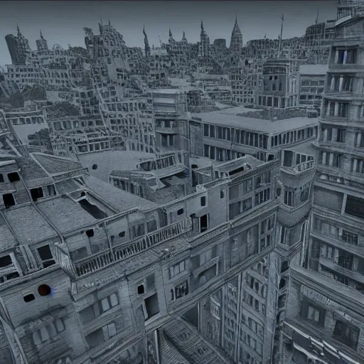 Image similar to a drone flying over a city designed by MC Escher, pen and ink, intricate, unreal engine,