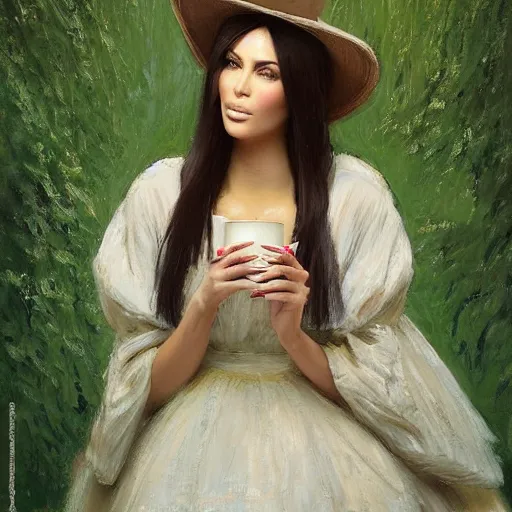 Prompt: happy very thick paint brush strokes paint texture full body fashion model kim kardashian by Jeremy Lipking by Hasui Kawase by Richard Schmid (((smokey eyes makeup eye shadow fantasy, glow, shimmer as victorian woman in a long white frilly lace dress and a large white hat having tea in a sunroom filled with flowers, roses and lush fern flowers ,intricate, night, highly detailed, dramatic lighting))) , high quality