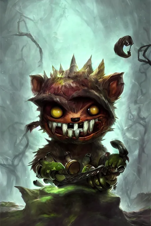 Prompt: beautiful portrait painting of a horrifying terrifying scary ominous detailed teemo from league of legends, fantasy horror, game concept art, hyperrealism, dark surrealism, gothic