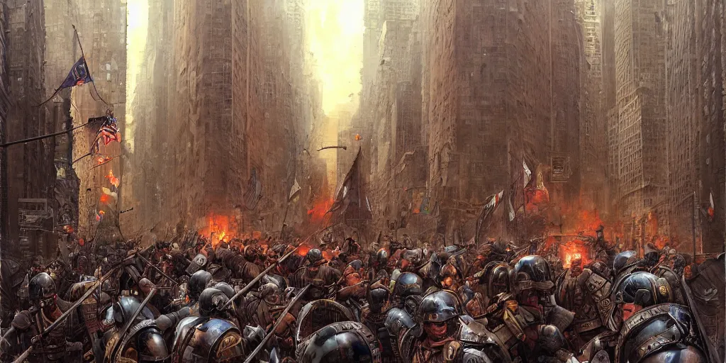 Image similar to Roman Empire legionary invading modern day New York City by Marc Simonetti