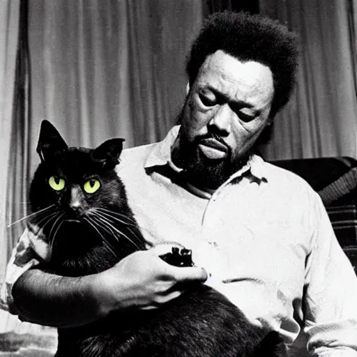 Image similar to charles mingus lovingly holding a terrifying evil cat from hell, professional, detailed