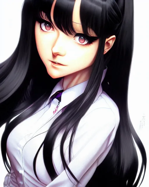 Image similar to a psychotic female student with silky long straight black hair. beautiful shadowing. art by Artgerm and Range Murata.