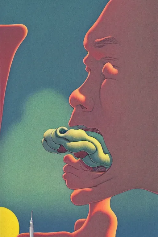 Image similar to a Hergé closeup portrait of a young alien man licking a blotter paper of LSD acid on his tongue and dreaming psychedelic hallucinations in cosmos, by kawase hasui, moebius, Edward Hopper and James Gilleard, Zdzislaw Beksinski, Steven Outram colorful flat surreal design, hd, 8k, artstation