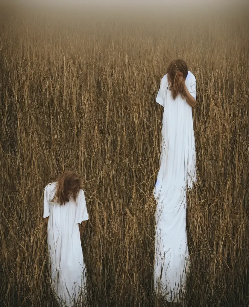Prompt: “ a sad woman wearing a white gown standing in a tall grass field during a foggy sunset ”