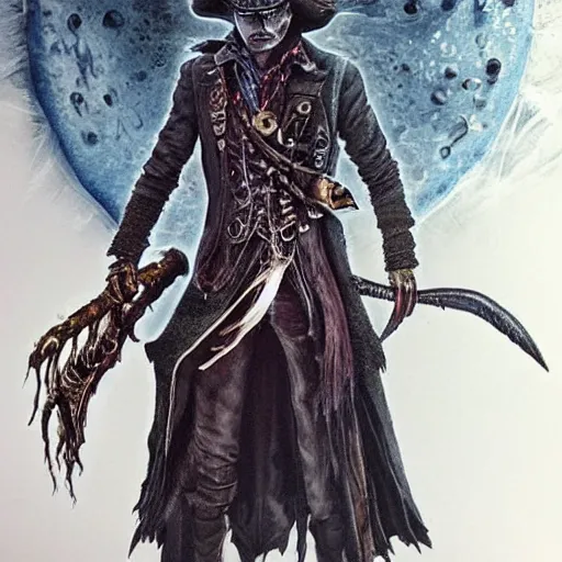Prompt: a full body painting of johnny depp as a bloodborne character
