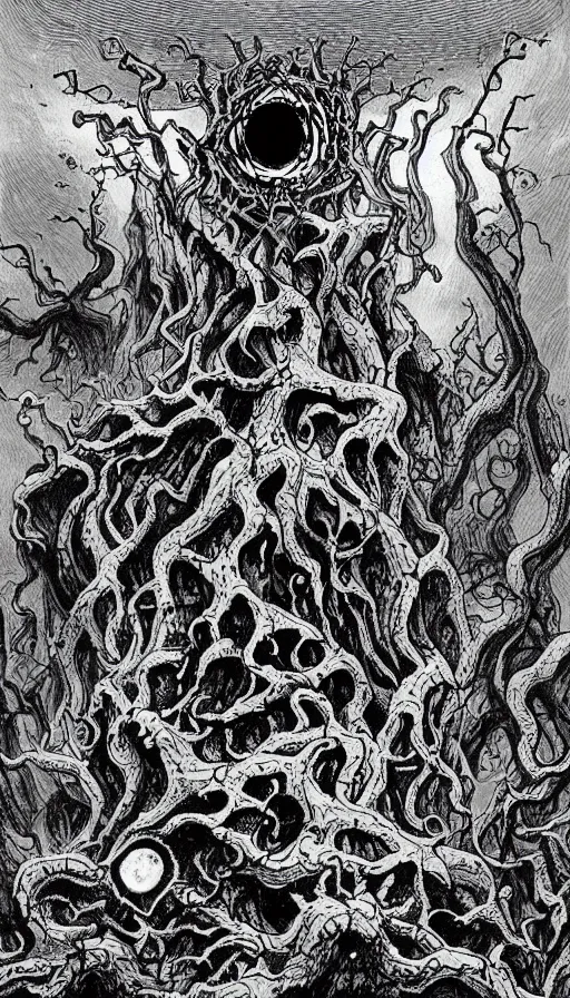 Prompt: a storm vortex made of many demonic eyes and teeth over a forest, by h. p. lovecraft