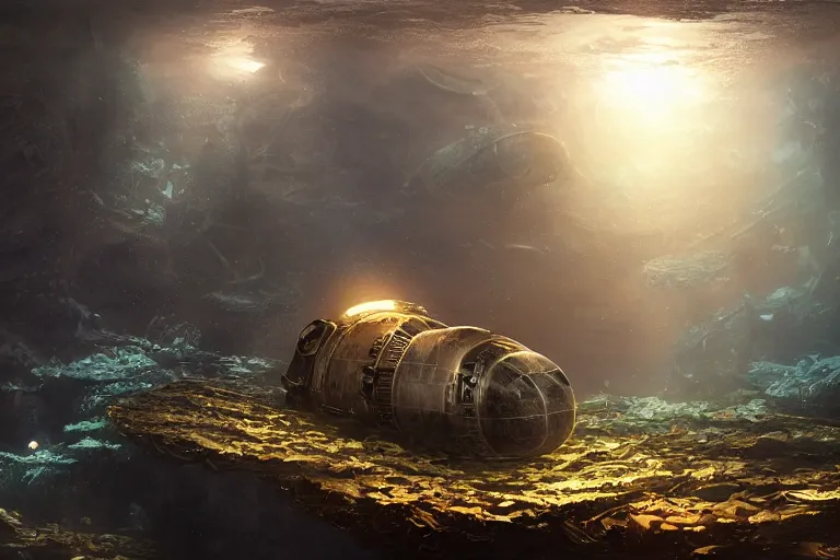 Prompt: an epic landscape view of a submersible with a shining headlight exploring the ruins of underwater manhattan, with seaweed, fish, painted by tyler edlin, wide angle, atmospheric, volumetric lighting, cinematic, very realistic, sharp, highly detailed digital art