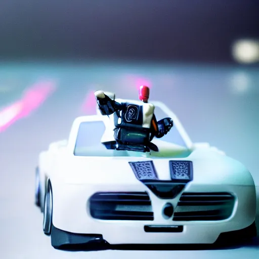 Image similar to Film still of 'Robot Future 2045'. Convertible car action scene. Sigma 85mm f/1.4