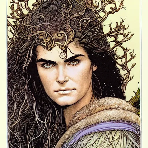 Image similar to a realistic, very beautiful and atmospheric portrait of young brooke shields aged 1 8 as a druidic warrior wizard looking at the camera with an intelligent gaze by rebecca guay, michael kaluta, charles vess and jean moebius giraud