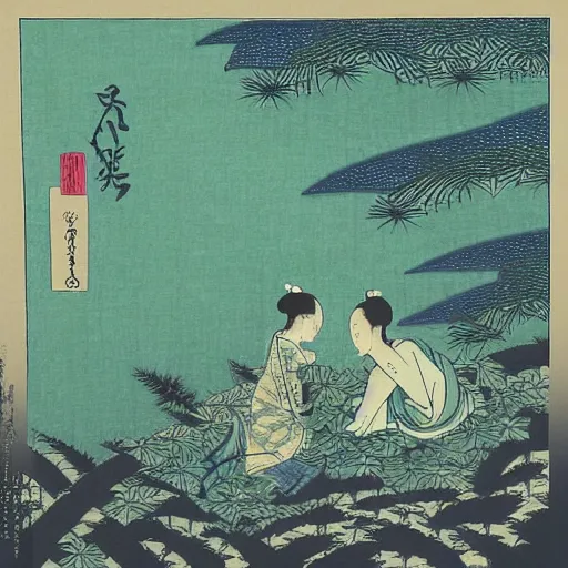 Image similar to “a leafy forest at dusk, in the style of Ukiyo-e”